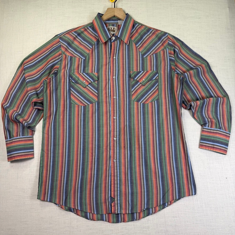 VTG Ely Cattleman Men L Western Pearl Snap Shirt Multi Color Stripe Cotton Blend